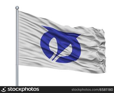 Fukagawa City Flag On Flagpole, Country Japan, Hokkaido Prefecture, Isolated On White Background. Fukagawa City Flag On Flagpole, Japan, Hokkaido Prefecture, Isolated On White Background