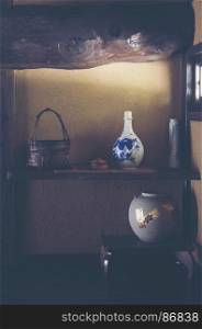 FUKUOKA, JAPAN - OCTOBER 2, 2017: Ancient Japanese jars displayed in the museum in Fukuoka, Kyushu, Japan