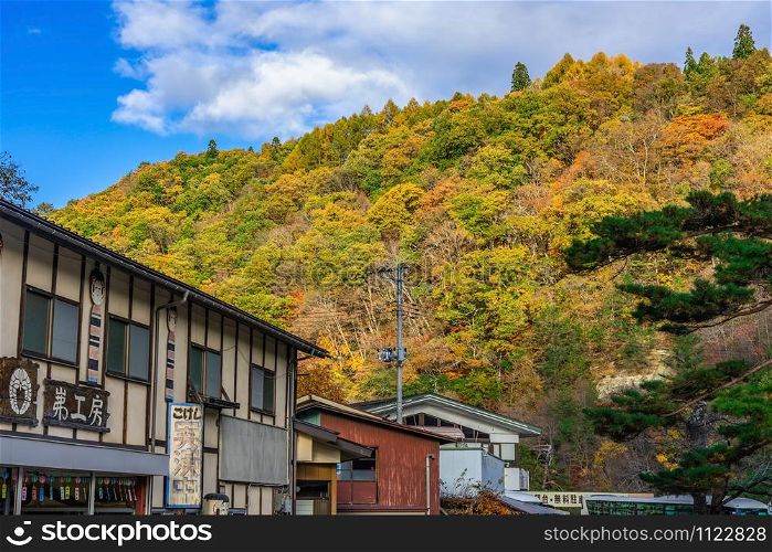 FUKUSHIMA, JAPAN - NOVEMBER 08, 2019: Beautiful autumn of Souvenir and gift shop at Tonohetsuri, Aizuwakamatsu, Japan