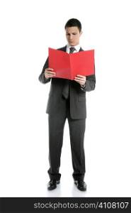 Full body businessman reading red folder isolated on white at studio