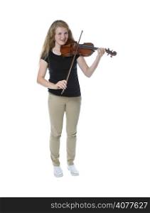 Full body front view of a pretty young teenage girl playing violin isolated on white