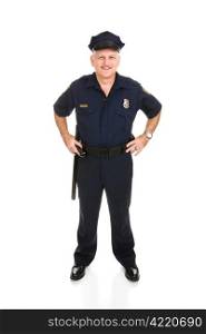 Full body frontal view of a handsome, mature police officer. Isolated on white background.