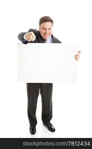 Full body isolated view of a businessman holding a blank white sign.
