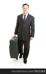 Full body isolated view of a businessman traveling with his suitcase.