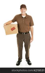 Full body isolated view of a handsome delivery man with a fragile package.