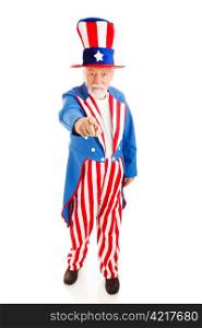 Full body isolated view of American icon Uncle Sam in the classic I Want You pose.
