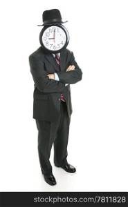Full body isolated view of an anonymous businessman with a clock for a face.