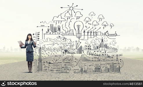 Full body of businesswoman drawing sketches of business strategy. Businesswoman making presentation