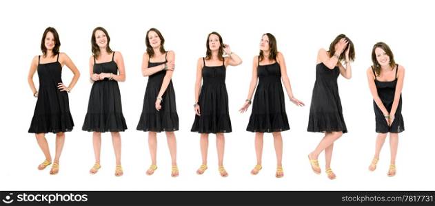 Full body portraits of a young brunette woman in a black summer dress, in various natural poses.