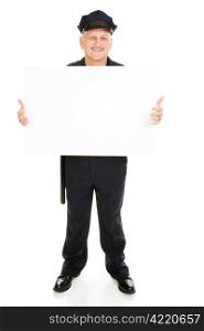 Full body view of a friendly police officer (or security guard) holding a blank white sign. Isolated on white and ready for your text.
