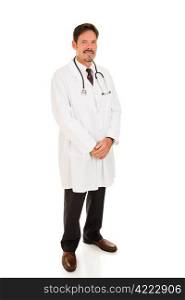 Full body view of a handsome, trustworthy, and competent doctor. Isolated on white.