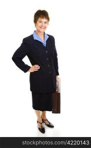 Full body view of a pretty, smiling businesswoman holding her briefcase. Isolated on white.