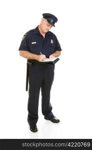 Full body view of police officer writing traffic citation. Isolated on white.