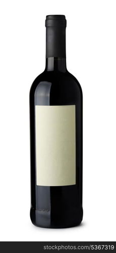 Full bottle of red wine with blank label isolated on white