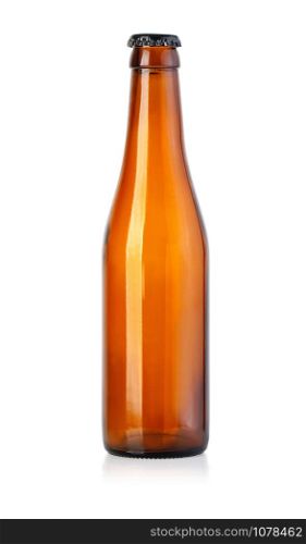 Full brown beer bottle on white background with clipping path