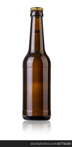 Full brown beer bottle on white background with clipping path