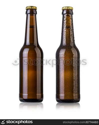 Full brown beer bottles with drops and with out drops on white background with clipping path