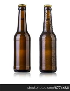 Full brown beer bottles with drops and with out drops on white background with clipping path