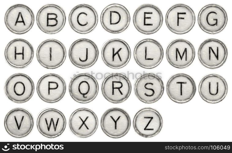 full English alphabet set in old round typewriter keys isolated on white with digital charcoal painting filter applied