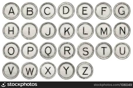 full English alphabet set in old round typewriter keys isolated on white with digital charcoal painting filter applied