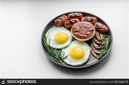 Full english breakfast - bean, fried eggs, roasted sausages, tomatoes, mushrooms on a dark concrete table with toasted bread. Full english breakfast with bean, fried eggs, roasted sausages, tomatoes and mushrooms