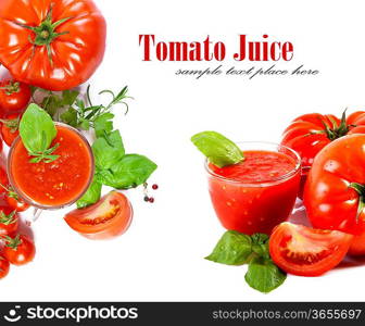 Full glass of fresh tomato juice and plants near it.