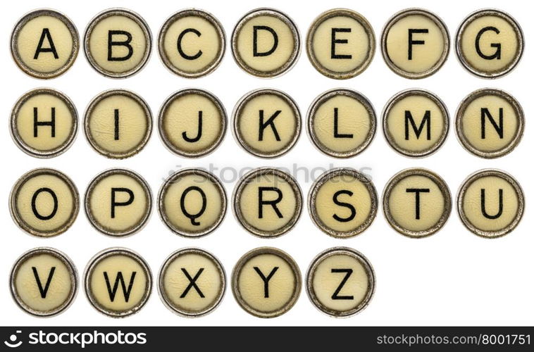 full in English alphabet in old round typewriter keys isolated on white