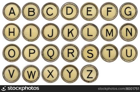 full in English alphabet in old round typewriter keys isolated on white
