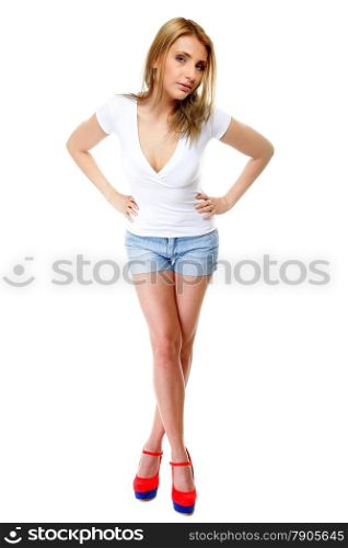 Full length beautiful blonde girl in summer clothes. Studio shot isolated on white background