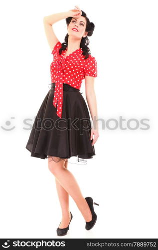 Full length beautiful caucasian woman posing retro styling, studio shot isolated over white