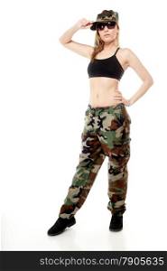 Full length beautiful woman in military clothes isolated on white background.