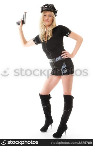 Full length blonde female policewoman cop posing with gun handgun isolated on white background