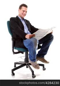 Full length businessman sitting on chair reading a newspaper isolated on white background