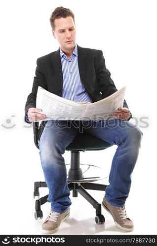 Full length businessman sitting on chair reading a newspaper isolated on white background
