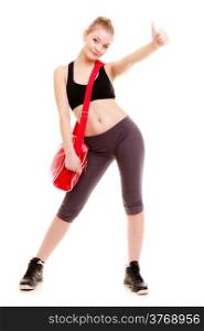 Full length happy sporty woman sport girl holding red gym bag standing ready for fitness exercise thumb up hand gesture, isolated on white background.