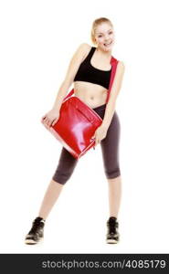 Full length happy sporty woman sport girl holding red gym bag standing ready for fitness exercise, isolated on white background.