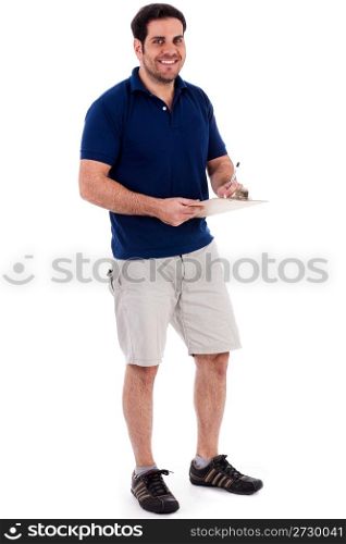 Full length image of a handsome young guy standing isolated against white background