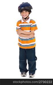 Full length image of a lovely kid ready for cycle ride on isolated white background