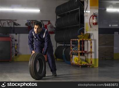Full-length Mechanic carrying a tyre at motor garage