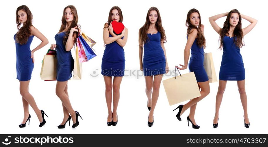 Full length of a beautiful young lady in dress standing against isolated white background