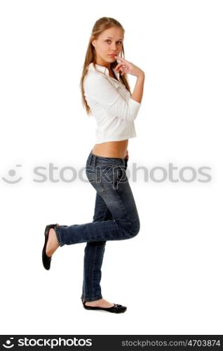 Full length of a beautiful young lady standing against isolated white background