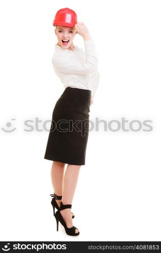 Full length of attractive female engineer. Woman architect in red safety helmet isolated on white. Building. Studio shot.