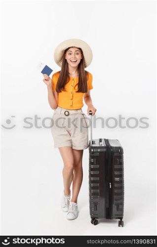 Full length of attractive young female in traveller casual with the travel bag, isolated on white background.. Full length of attractive young female in traveller casual with the travel bag, isolated on white background