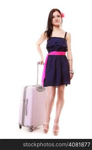 Full length of brunette girl in black pink dress. Female tourist young woman with suitcase. Vacation travel and tourism. Isolated on white. Studio shot.