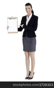 Full length of business woman pointing at the clipboard over white background