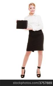 Full length of businesswoman showing document case. Elegant young woman blond girl with briefcase isolated on white. Business and advertisement. Studio shot.