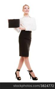 Full length of businesswoman showing document case. Elegant young woman blond girl with briefcase isolated on white. Business and advertisement. Studio shot.