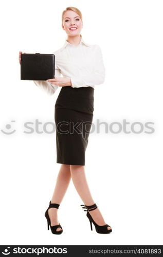 Full length of businesswoman showing document case. Elegant young woman blond girl with briefcase isolated on white. Business and advertisement. Studio shot.