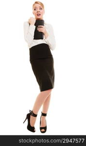 Full length of emotional afraid businesswoman shy woman isolated on white. First day in new job or stress in work.