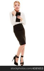 Full length of emotional afraid businesswoman shy woman isolated on white. First day in new job or stress in work.